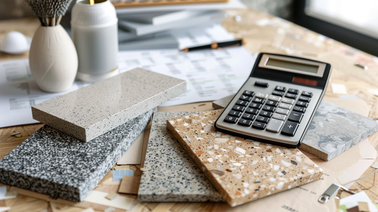 Quartz and granite countertop samples beside a renovation budget list in RM