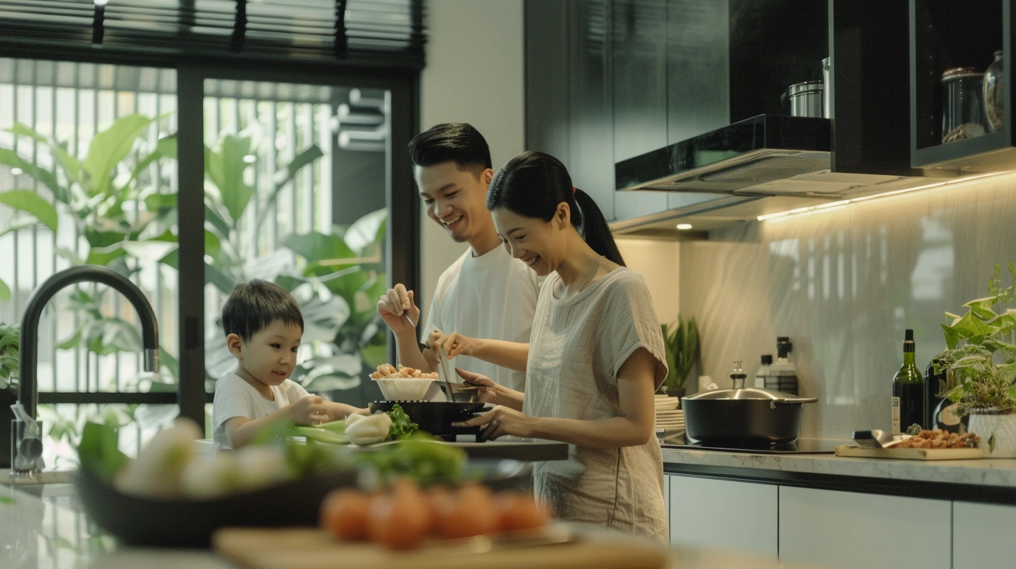 Malaysian family in a modern kitchen with a quartz countertop, highlighting everyday use