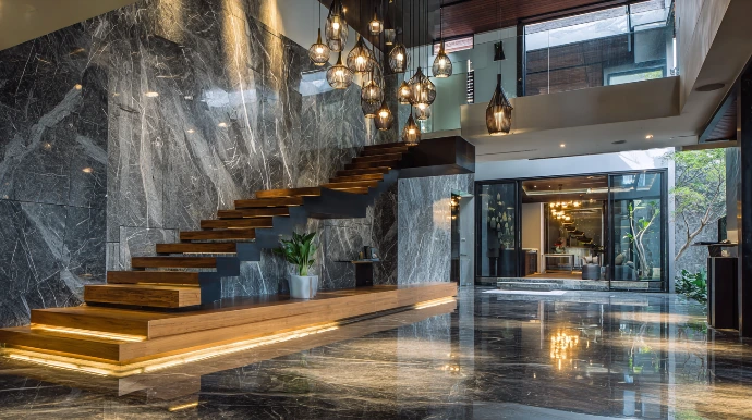 rand double-height entrance foyer of modern Malaysian home, feature wall with large format stone cladding 