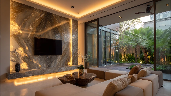 modern Malaysian living room with dramatic floor-to-ceiling stone feature wall behind mounted TV