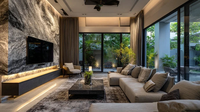 modern Malaysian living room with dramatic floor-to-ceiling stone feature wall behind mounted TV