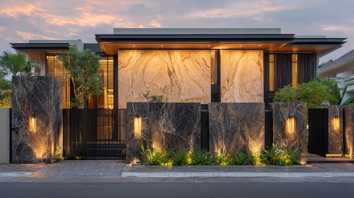 modern Malaysian bungalow exterior, dramatic large format sintered stone slabs covering entire facade wall