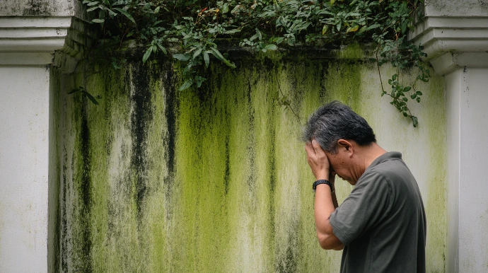 exterior wall of Malaysian home with severe green algae growth on traditional stone cladding