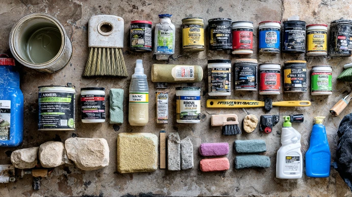 collection of stone maintenance supplies scattered on floor, sealant cans