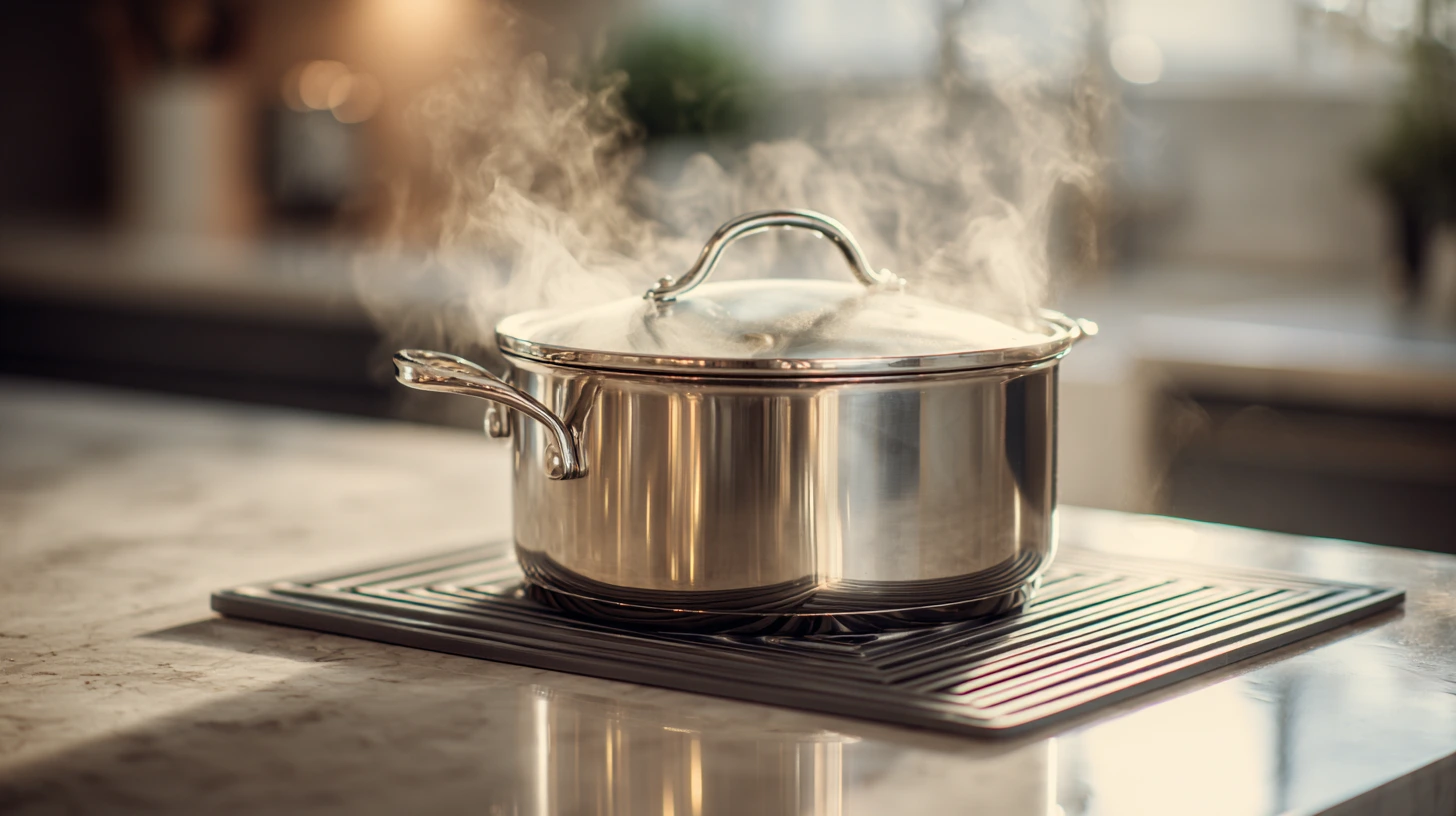 Hot cooking pot placed on protective trivet on quartz countertop demonstrating proper heat protection