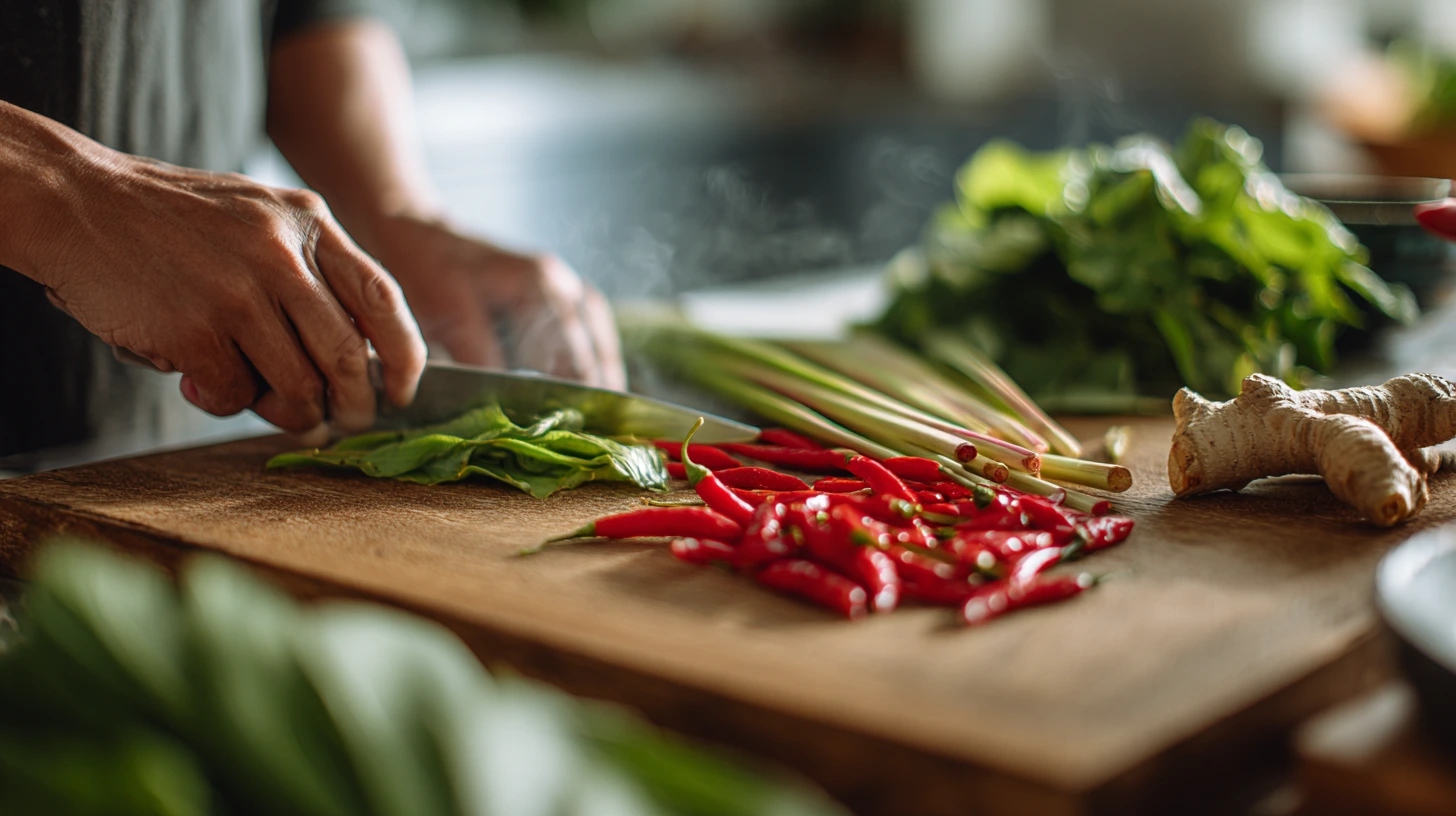 Fresh ingredients being prepared on durable quartz stone kitchen countertop in Malaysian home
