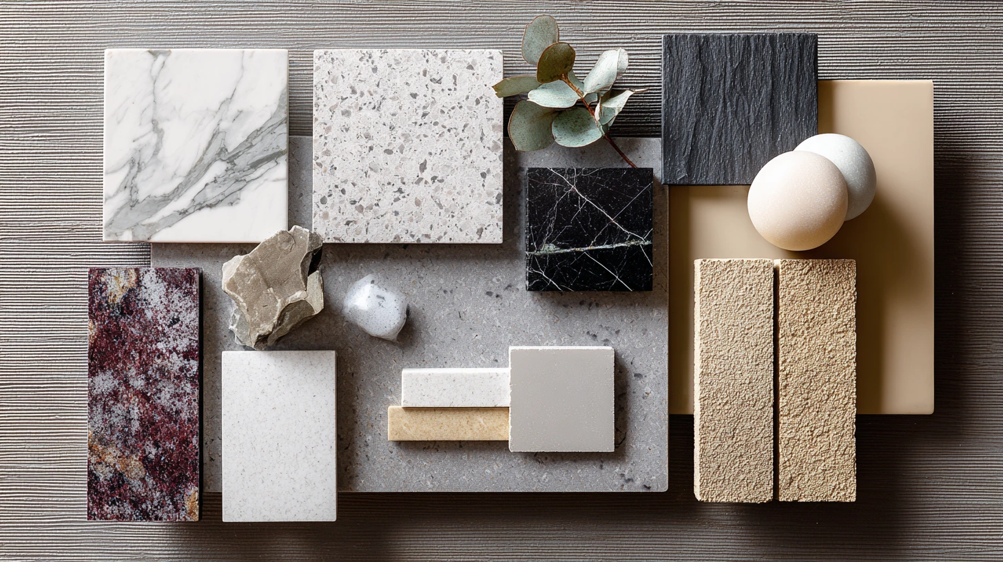 Collection of quartz stone countertop samples showing variety of colours and patterns available in Malaysia