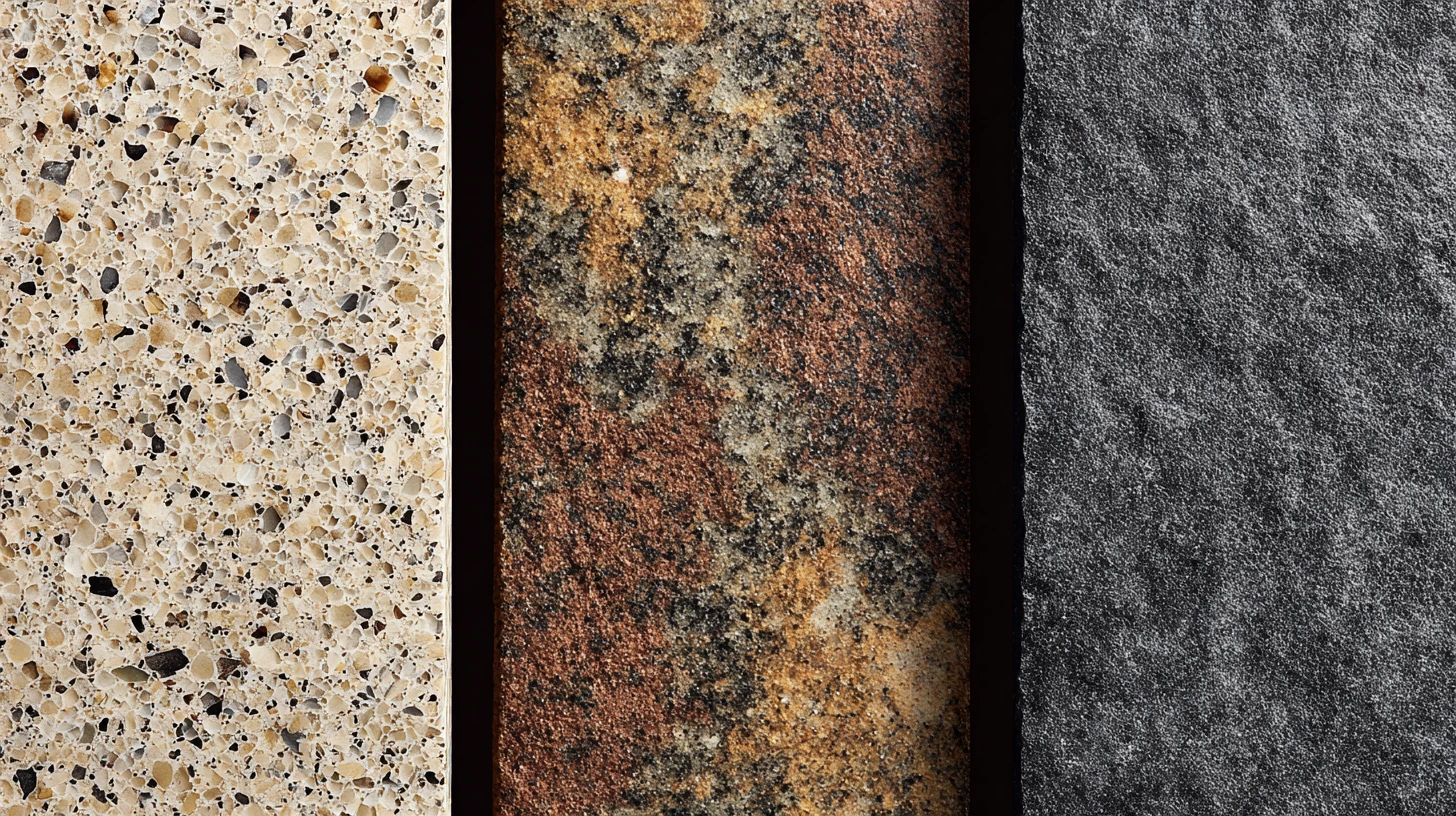 Side-by-side comparison of quartz, granite, and sintered stone countertop materials showing visual differences