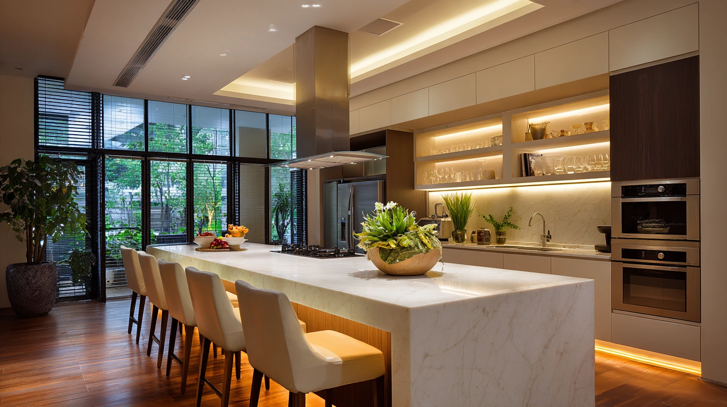 Modern Malaysian kitchen with white quartz stone countertops featuring breakfast bar and contemporary cabinetry