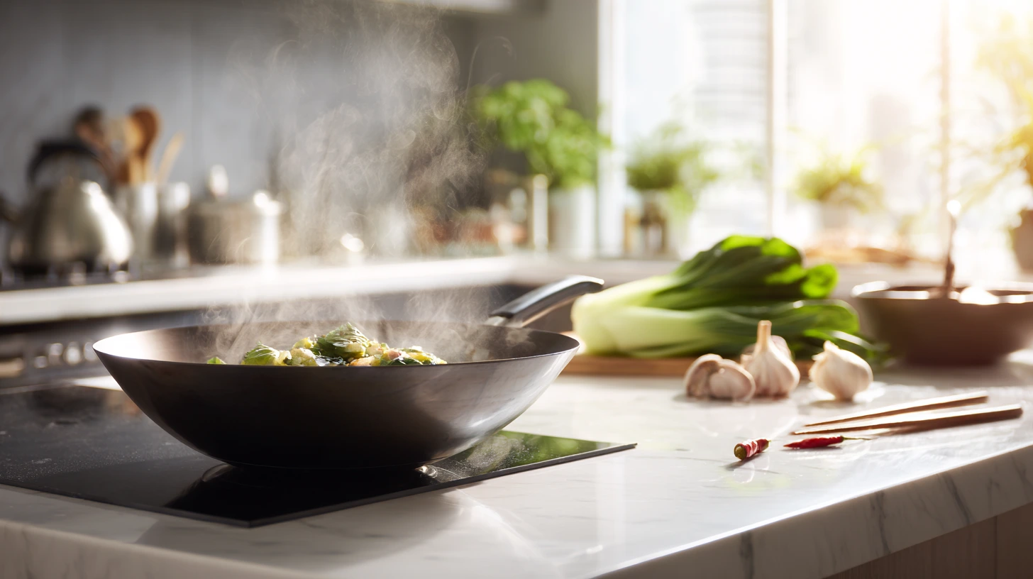 Hot wok placed directly on porcelain slab countertop in Malaysian kitchen demonstrating superior heat resistance for Asian cooking
