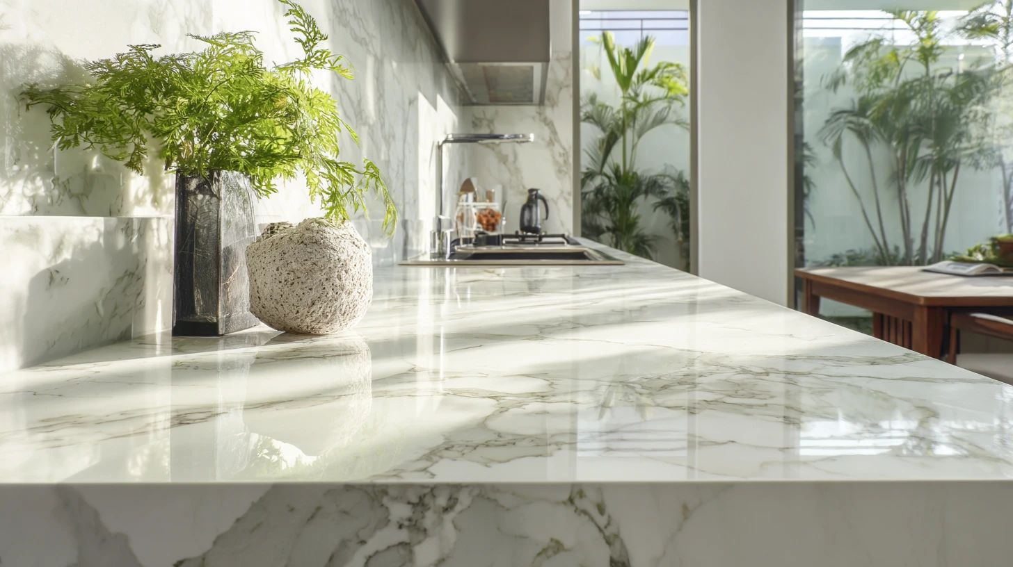 Close-up detail of 12mm porcelain slab countertop showing realistic marble veining and smooth non-porous surface