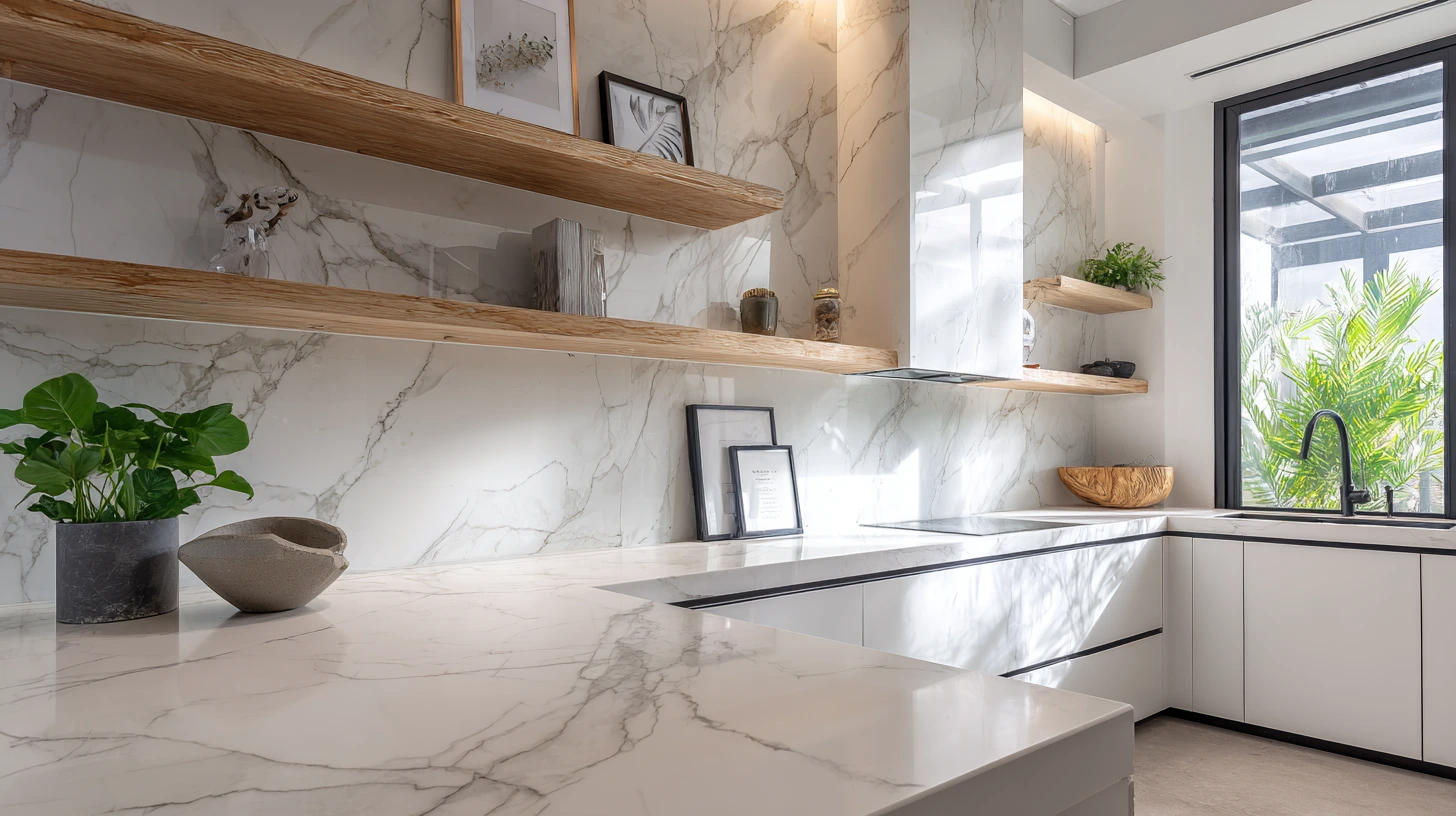 Seamless porcelain slab installation in modern minimalist Malaysian kitchen with matching countertop and backsplash creating cohesive look