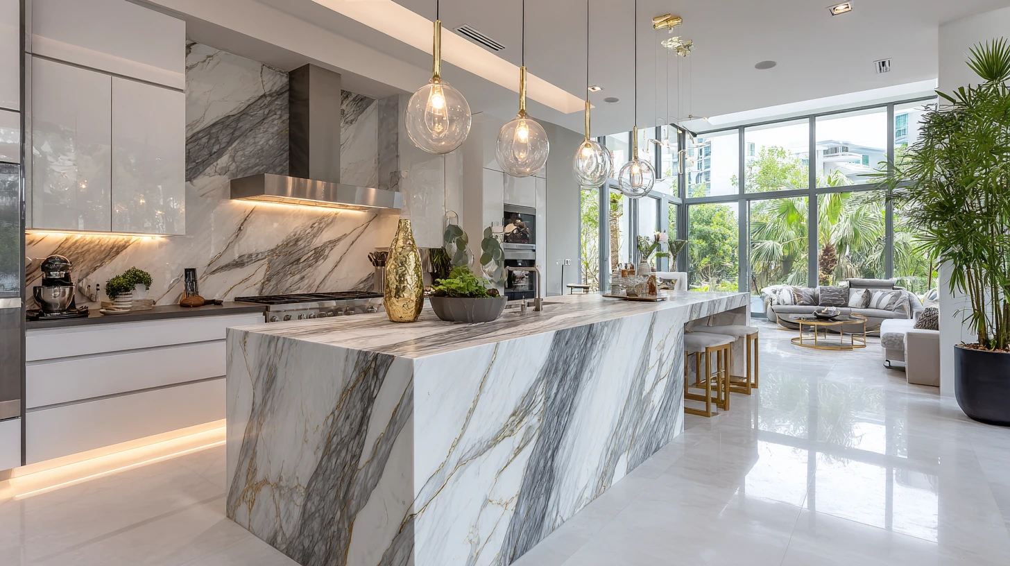 Luxurious quartz stone waterfall island in Malaysian open-concept kitchen with dramatic marble-look veining and polished finish