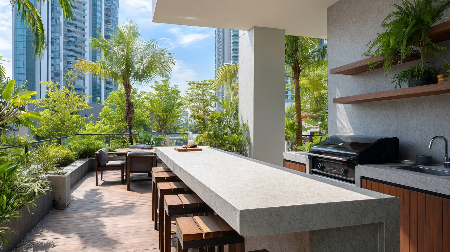 UV-resistant porcelain slab countertop in Malaysian outdoor balcony kitchen with tropical plants and natural sunlight