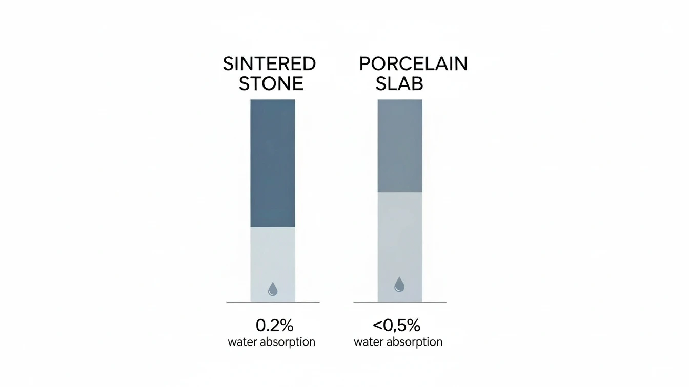 Simple comparison graphic showing sintered stone with near-zero porosity and porcelain slab with low but higher porosity. Simple comparison graphic showing sintered stone with near-zero porosity and porcelain slab with low but higher porosity.
