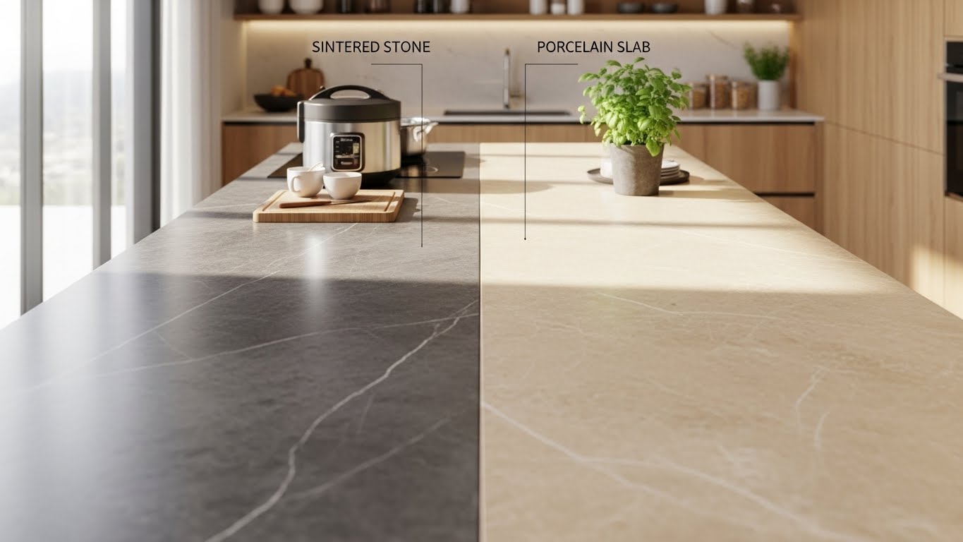 Modern Malaysian kitchen with one side in sintered stone and the other in porcelain slab, showing visual similarity but labelled differences. Modern Malaysian kitchen with one side in sintered stone and the other in porcelain slab, showing visual similarity but labelled differences.