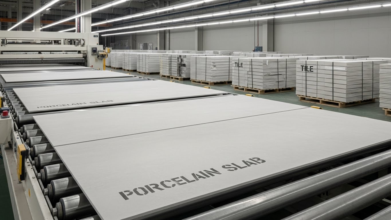 Factory line producing large-format porcelain slabs, showing their connection to traditional porcelain tiles. Factory line producing large-format porcelain slabs, showing their connection to traditional porcelain tiles.
