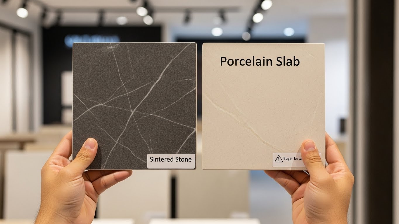 Close-up of a homeowner comparing two samples, one labelled porcelain slab and one labelled sintered stone, highlighting the risk of mislabelling. Close-up of a homeowner comparing two samples, one labelled porcelain slab and one labelled sintered stone, highlighting the risk of mislabelling.