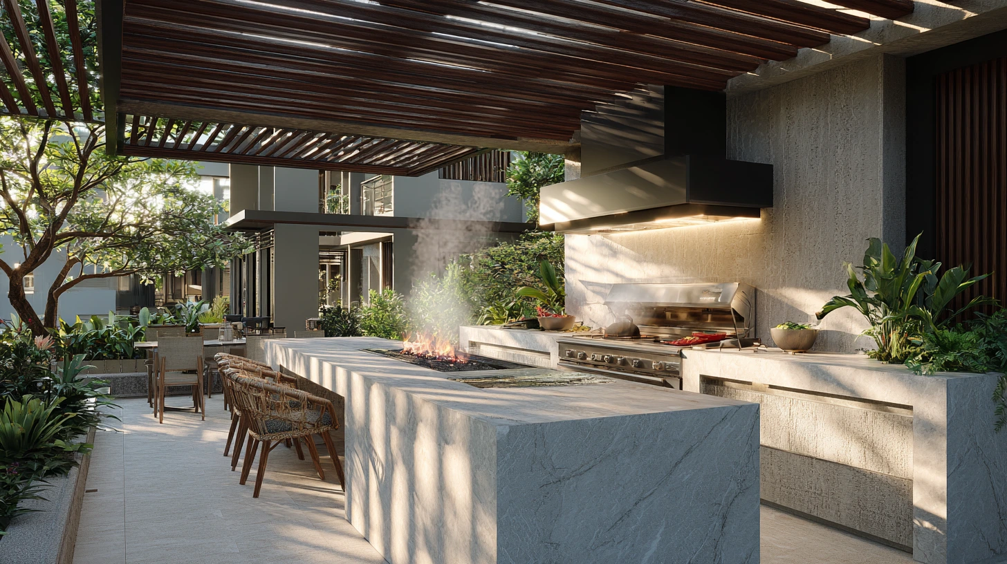 Outdoor kitchen in a Malaysian landed home with a sintered stone countertop near a BBQ grill, showing heat and UV resistance. Outdoor kitchen in a Malaysian landed home with a sintered stone countertop near a BBQ grill, showing heat and UV resistance.