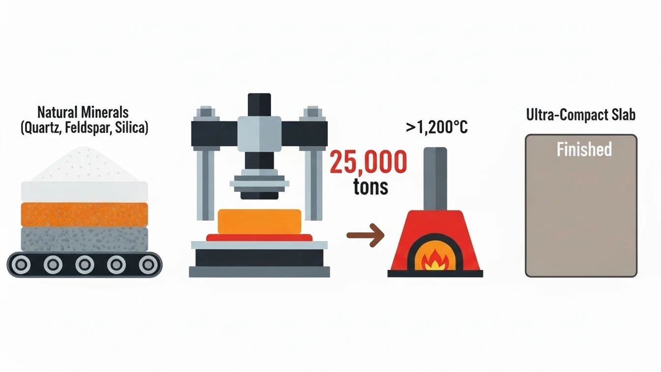 Concept illustration showing sintered stone manufacturing with layers of minerals compacted under extreme pressure and heat. Concept illustration showing sintered stone manufacturing with layers of minerals compacted under extreme pressure and heat.