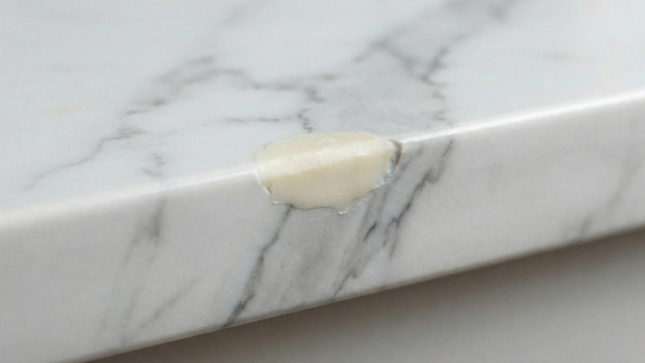 Porcelain countertop edge showing visible epoxy repair that doesn't match the original veined pattern