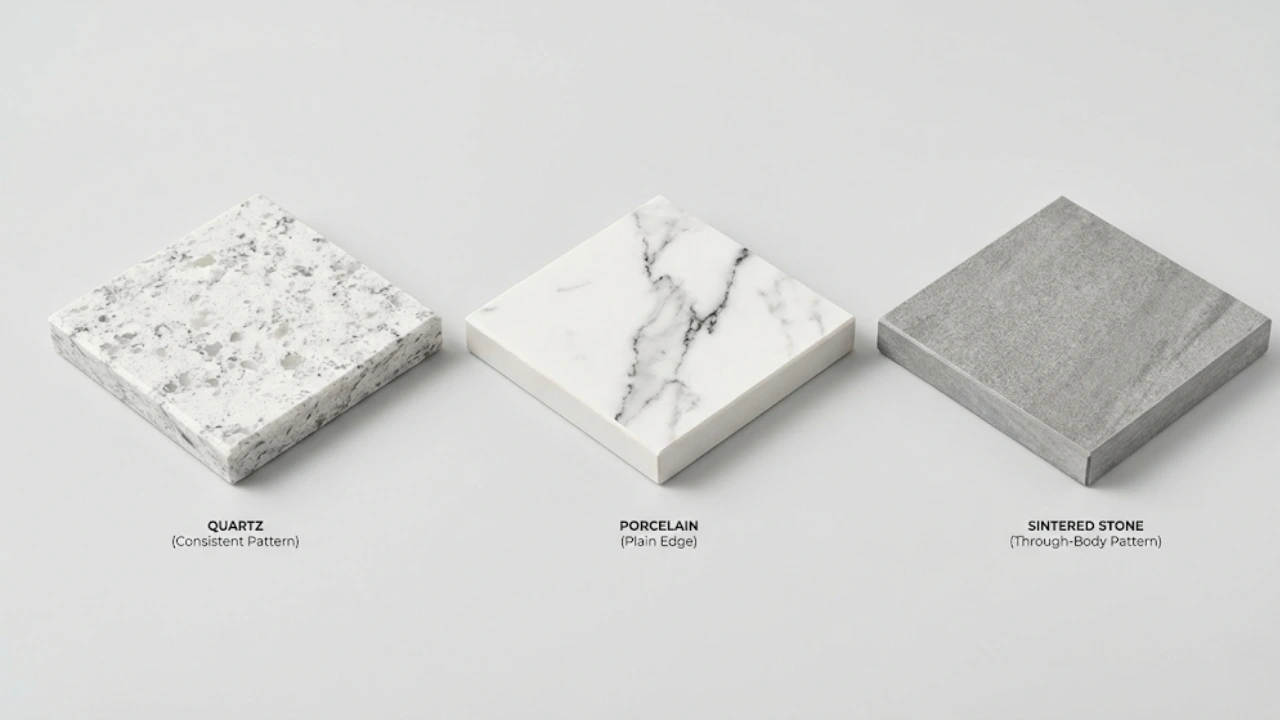 Three countertop material samples side by side - quartz, porcelain, and sintered stone - showing edge and surface differences