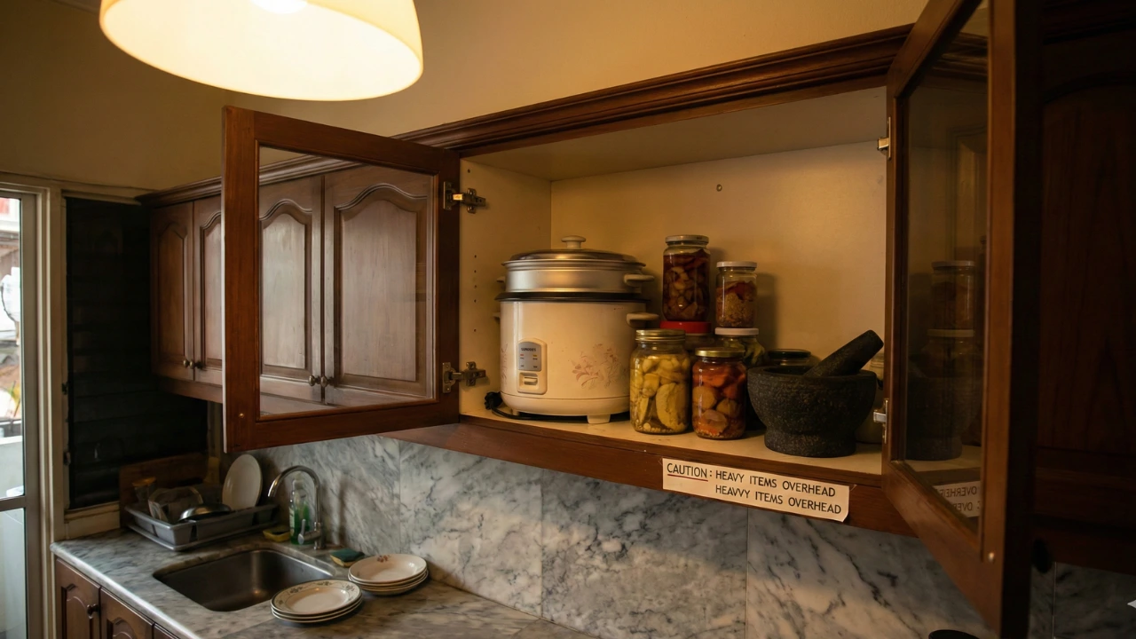 Malaysian kitchen showing overhead cabinets above porcelain countertop with heavy appliances stored at height