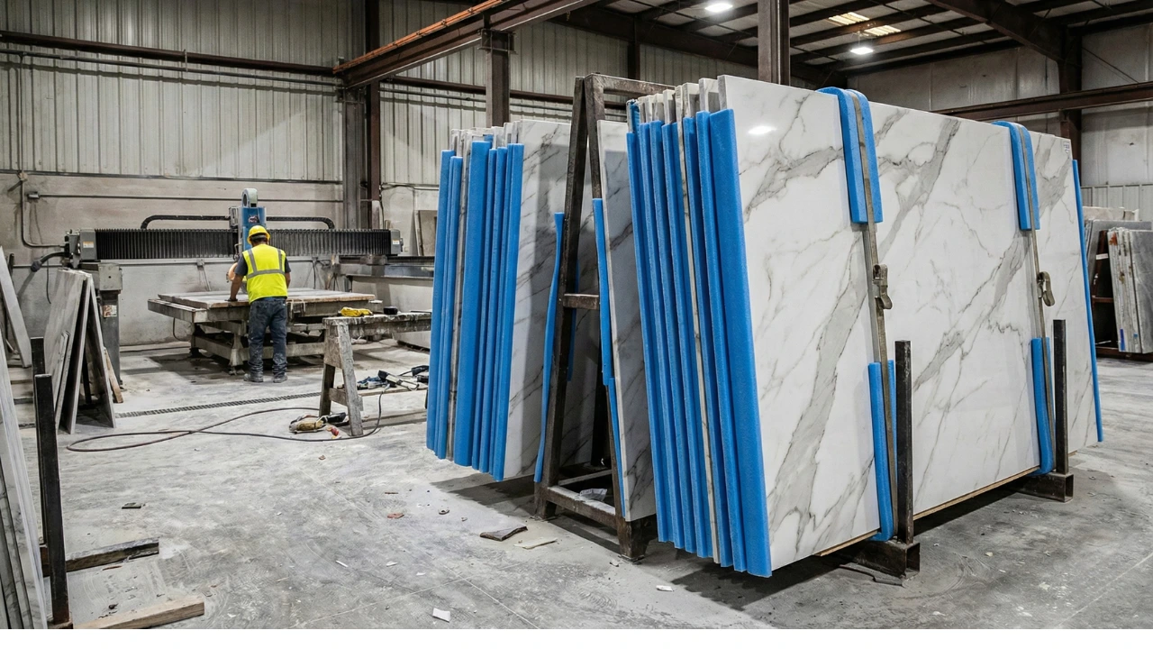 Professional stone fabricator storing porcelain slabs on padded A-frame rack to prevent edge damage