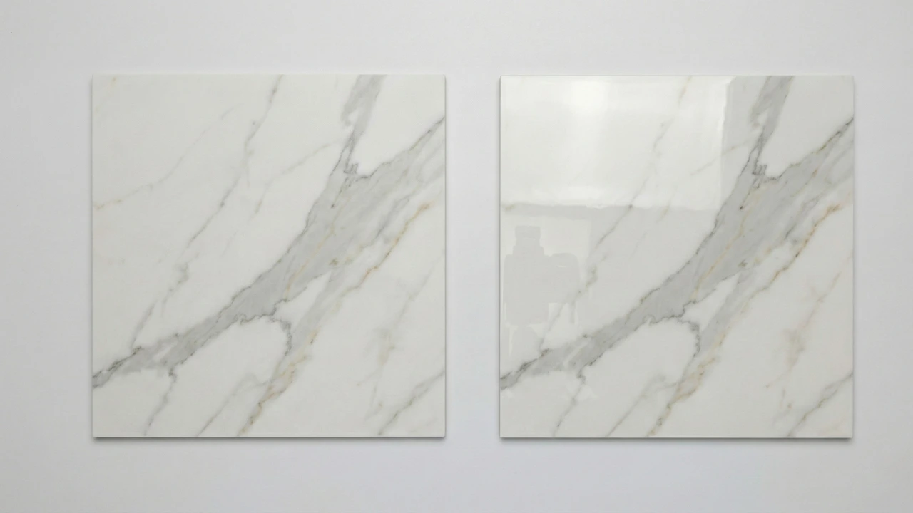 Side-by-side comparison of matt finish and gloss finish porcelain slab samples showing the difference in light reflection Side-by-side comparison of matt finish and gloss finish porcelain slab samples showing the difference in light reflection