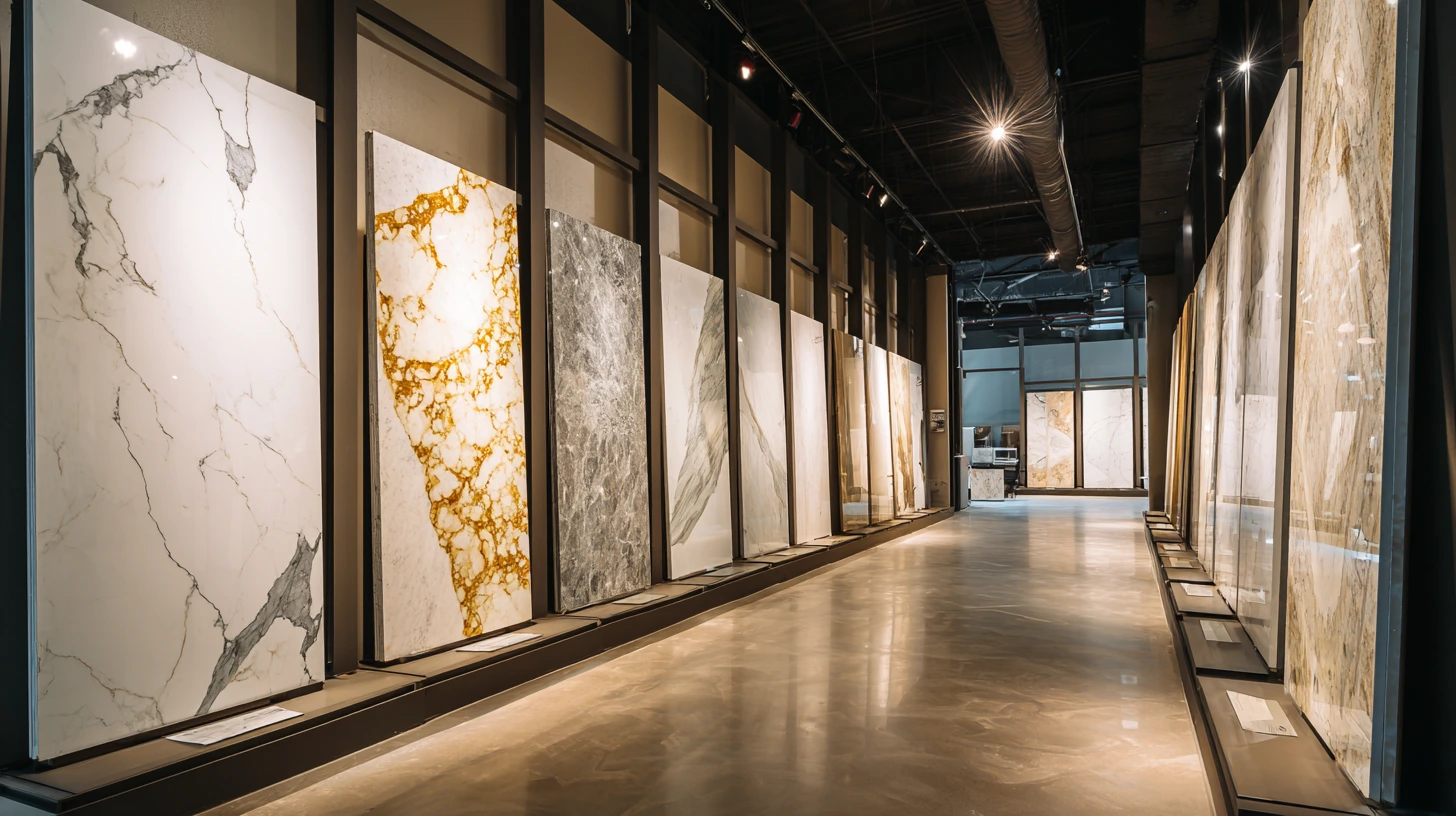 Porcelain slab samples displayed under dramatic showroom lighting highlighting the gloss finish reflections Porcelain slab samples displayed under dramatic showroom lighting highlighting the gloss finish reflections