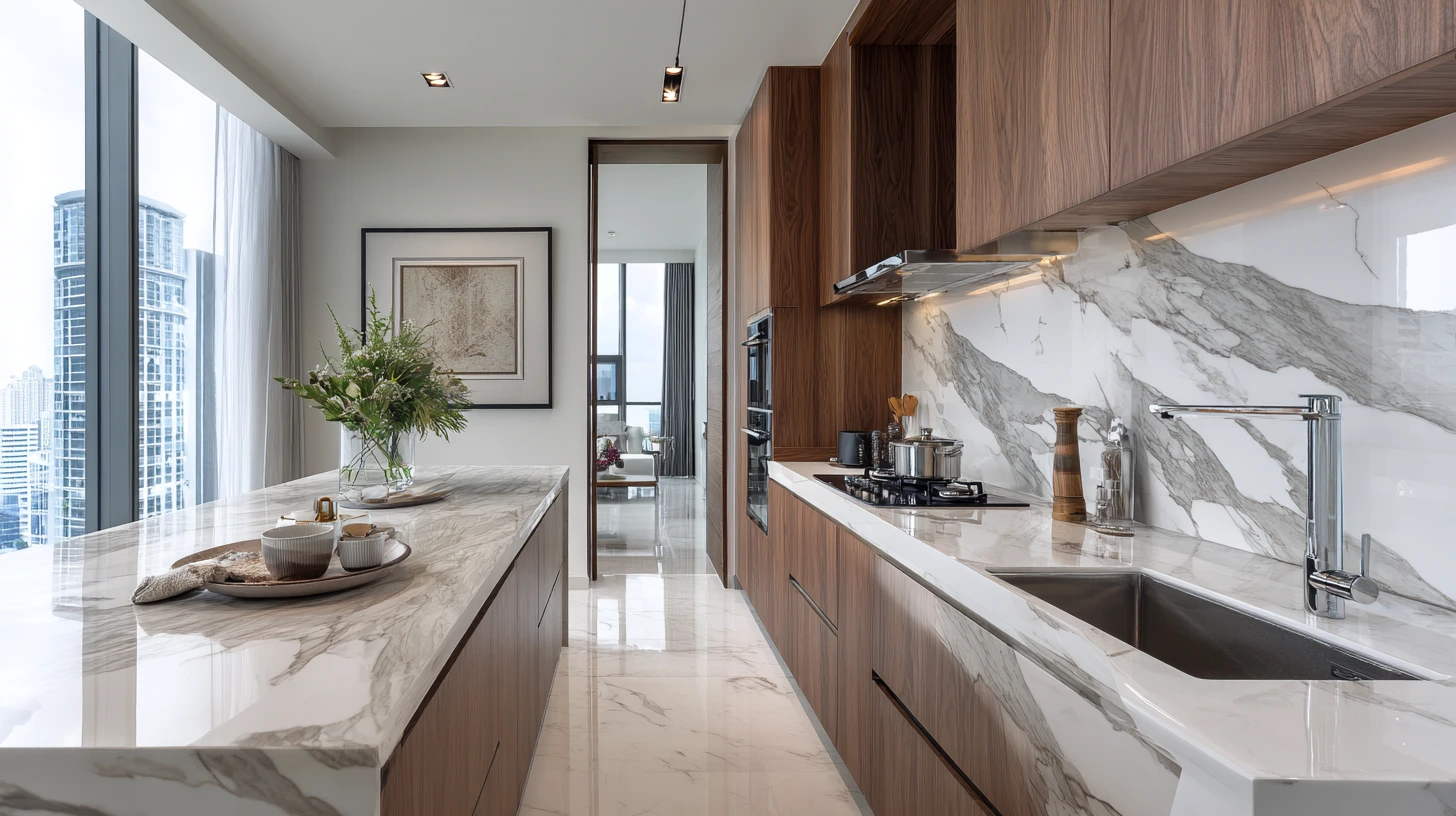 Glossy white Calacatta porcelain slab kitchen countertop reflecting natural light in a modern Malaysian condominium kitchen Glossy white Calacatta porcelain slab kitchen countertop reflecting natural light in a modern Malaysian condominium kitchen
