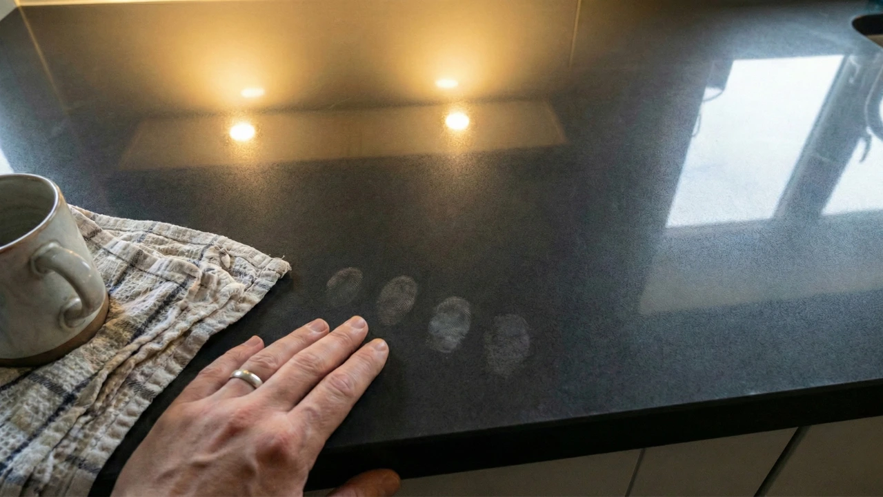 Visible fingerprints and smudges on a black gloss porcelain countertop surface under kitchen lighting Visible fingerprints and smudges on a black gloss porcelain countertop surface under kitchen lighting