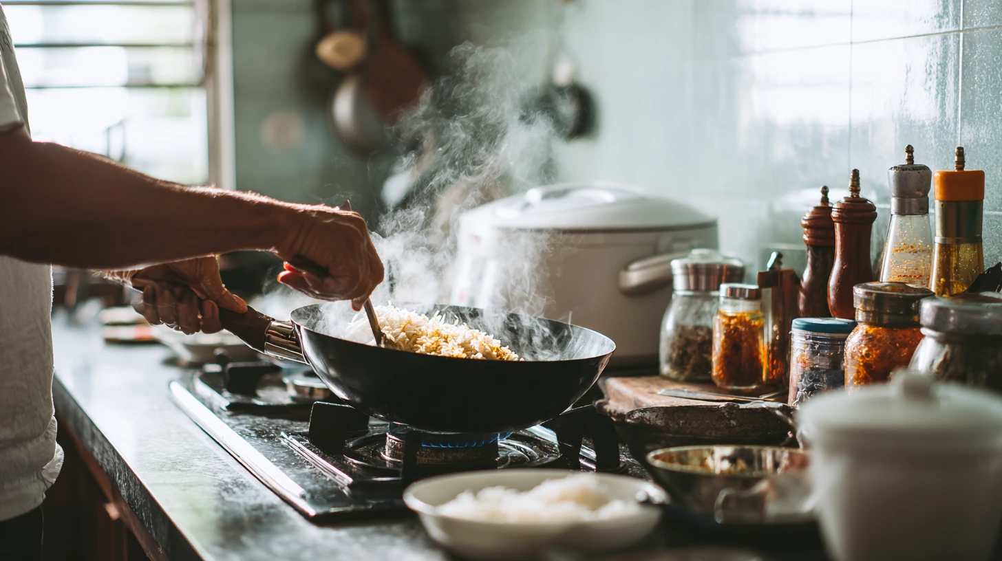 Busy Malaysian kitchen with cooking activity, wok on stove, and everyday items on the porcelain countertop Busy Malaysian kitchen with cooking activity, wok on stove, and everyday items on the porcelain countertop