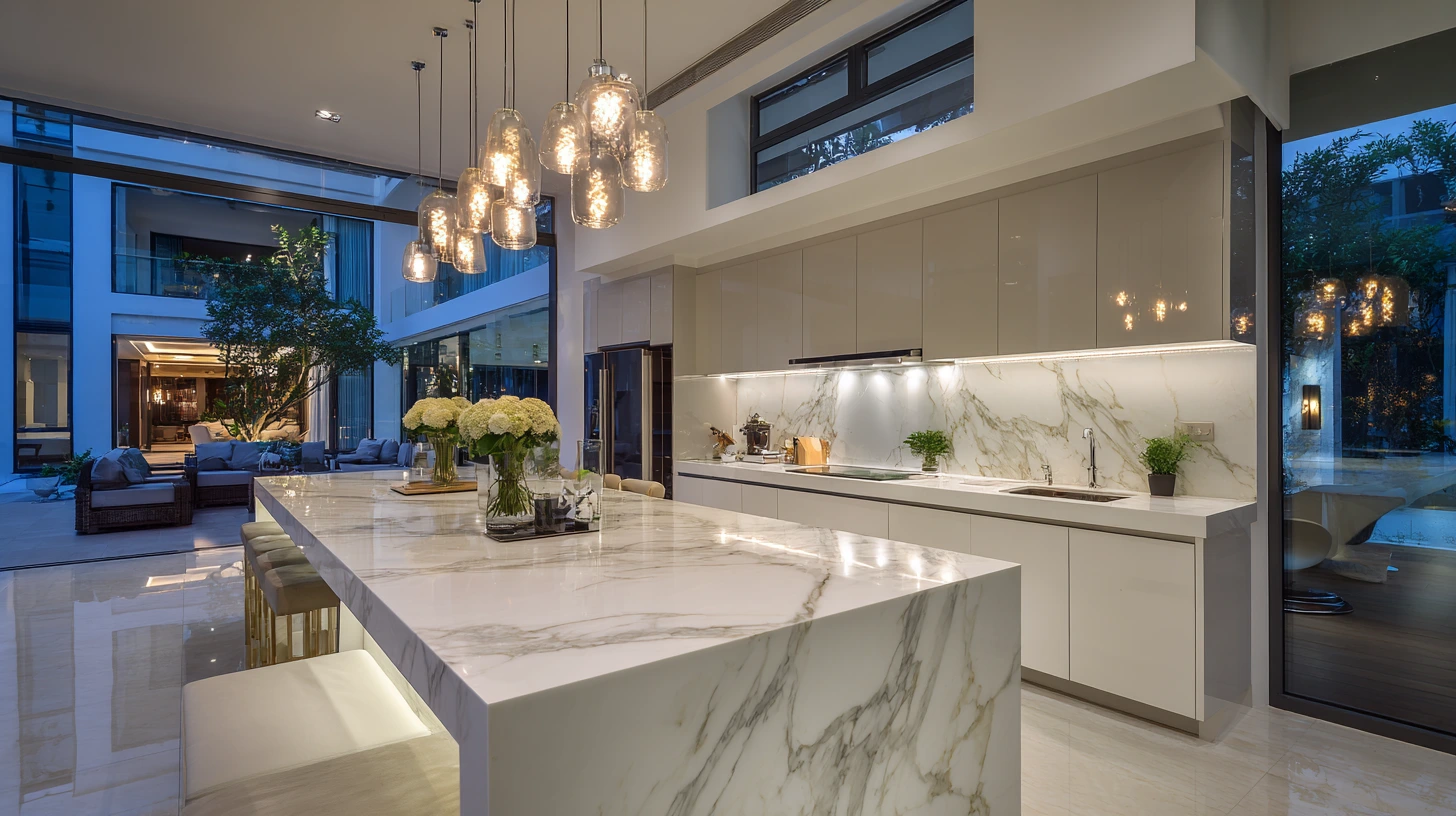 Modern Malaysian kitchen featuring gloss finish porcelain on the island and matt finish on the main work counter Modern Malaysian kitchen featuring gloss finish porcelain on the island and matt finish on the main work counter