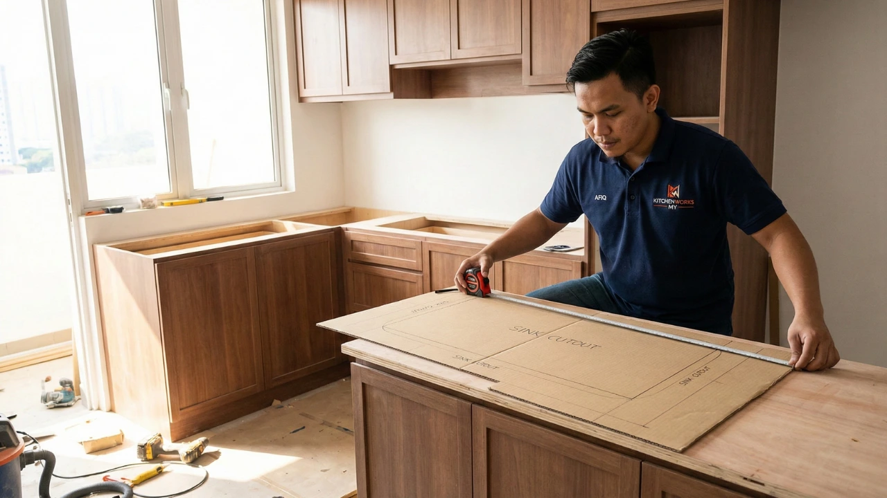 Technician using measuring tools to template an L-shaped kitchen countertop area in a Malaysian apartment with cabinets installed