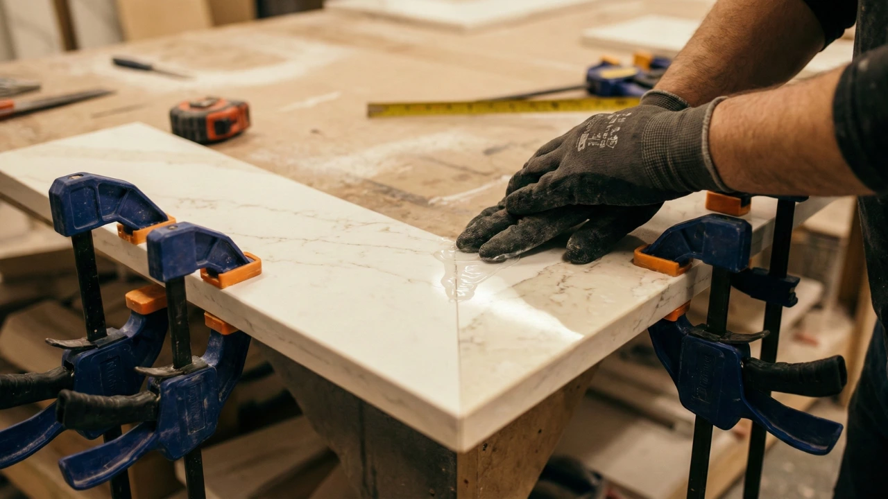 Fabricator joining two mitre-cut stone pieces with marble adhesive, showing the 45-degree angled edges being clamped together