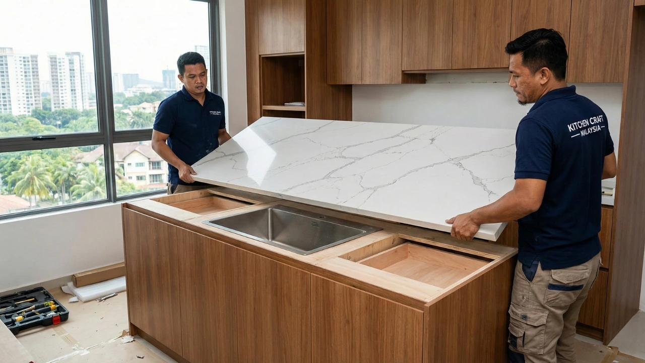 Two installers carefully positioning a white quartz countertop onto plywood-supported cabinets in a Malaysian kitchen