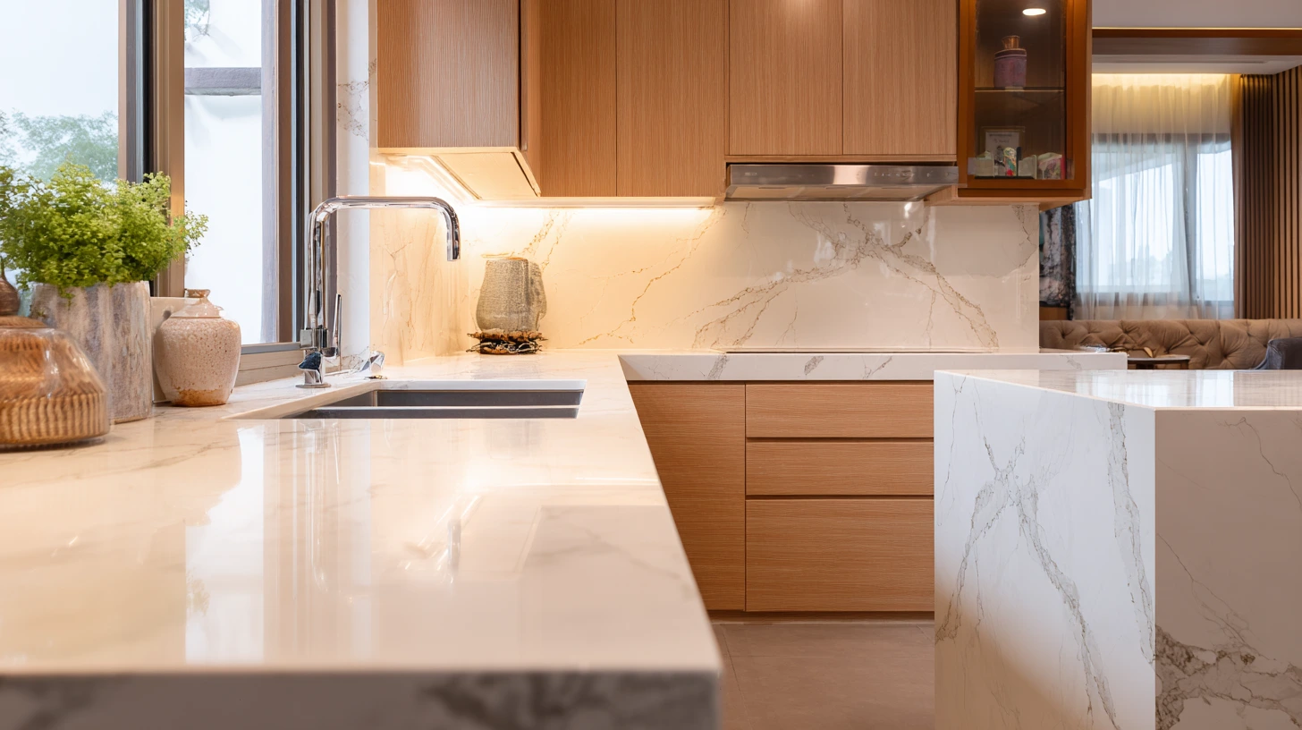 Finished white quartz kitchen countertop with waterfall edge on island in a modern Malaysian home, showcasing seamless installation