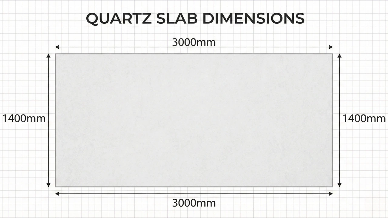 Diagram showing standard quartz slab dimensions (3000mm × 1400mm) with measurement annotations in a clean, educational infographic style Diagram showing standard quartz slab dimensions (3000mm × 1400mm) with measurement annotations in a clean, educational infographic style