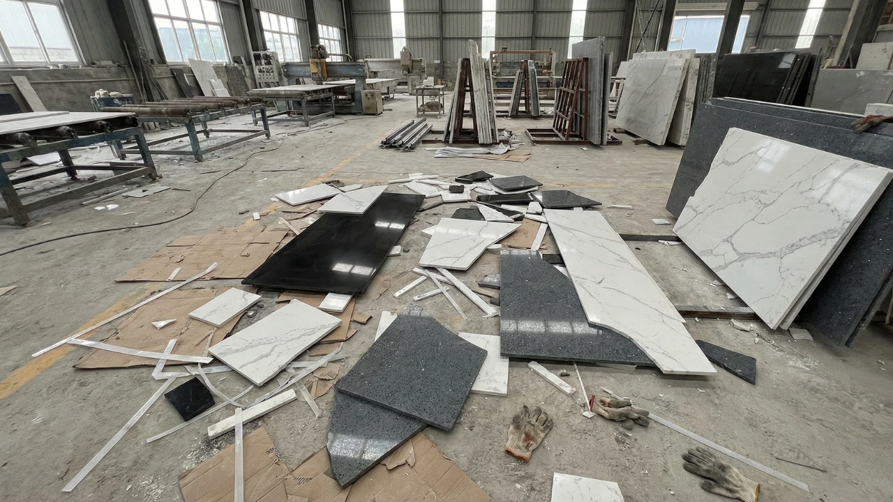 Overhead view of quartz slab remnants and cutoff pieces on a fabrication workshop floor, illustrating material waste from multi-colour countertop projects Overhead view of quartz slab remnants and cutoff pieces on a fabrication workshop floor, illustrating material waste from multi-colour countertop projects