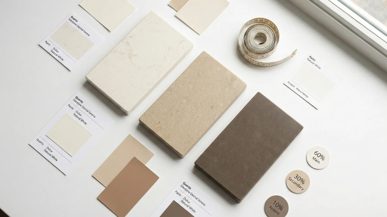 Flat lay composition showing three coordinated quartz countertop samples in complementary tones (warm whites, beiges, browns) with colour swatches and material cards demonstrating the 60-30-10 colour rule Flat lay composition showing three coordinated quartz countertop samples in complementary tones (warm whites, beiges, browns) with colour swatches and material cards demonstrating the 60-30-10 colour rule