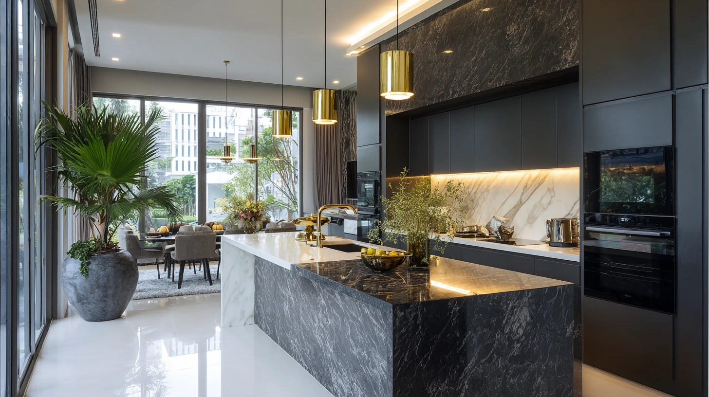 Luxurious open-plan Malaysian kitchen with distinct white and dark grey quartz countertops creating effective space zoning, high-end finishes, modern pendant lighting Luxurious open-plan Malaysian kitchen with distinct white and dark grey quartz countertops creating effective space zoning, high-end finishes, modern pendant lighting