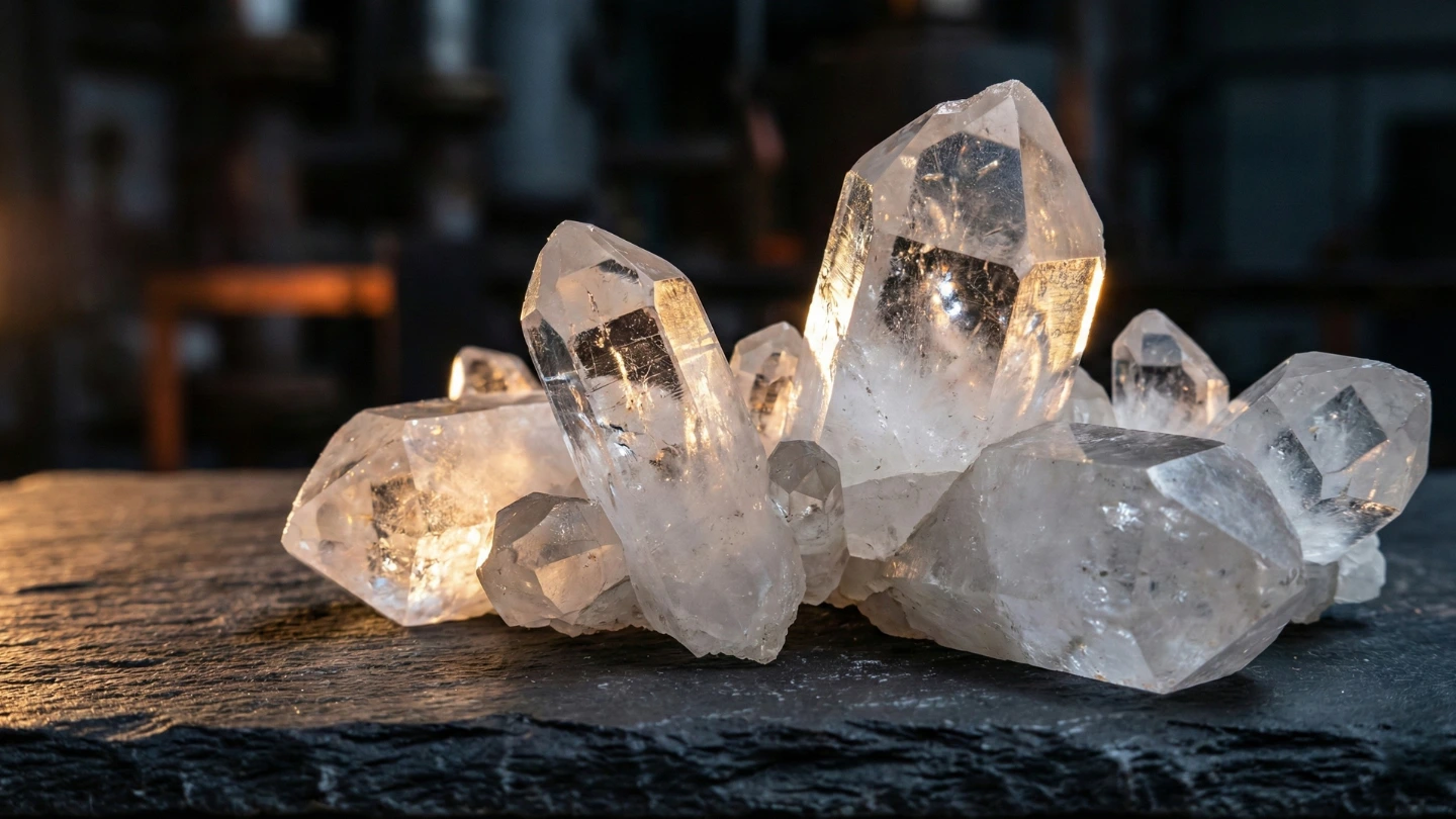 Close-up of raw natural quartz crystals before processing, showing translucent white crystalline structure used in engineered quartz manufacturing Close-up of raw natural quartz crystals before processing, showing translucent white crystalline structure used in engineered quartz manufacturing