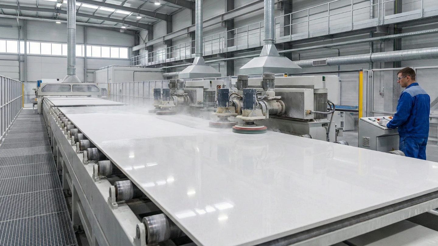 Factory worker operating industrial polishing machine on a quartz slab, achieving the smooth glossy finish characteristic of engineered quartz countertops Factory worker operating industrial polishing machine on a quartz slab, achieving the smooth glossy finish characteristic of engineered quartz countertops