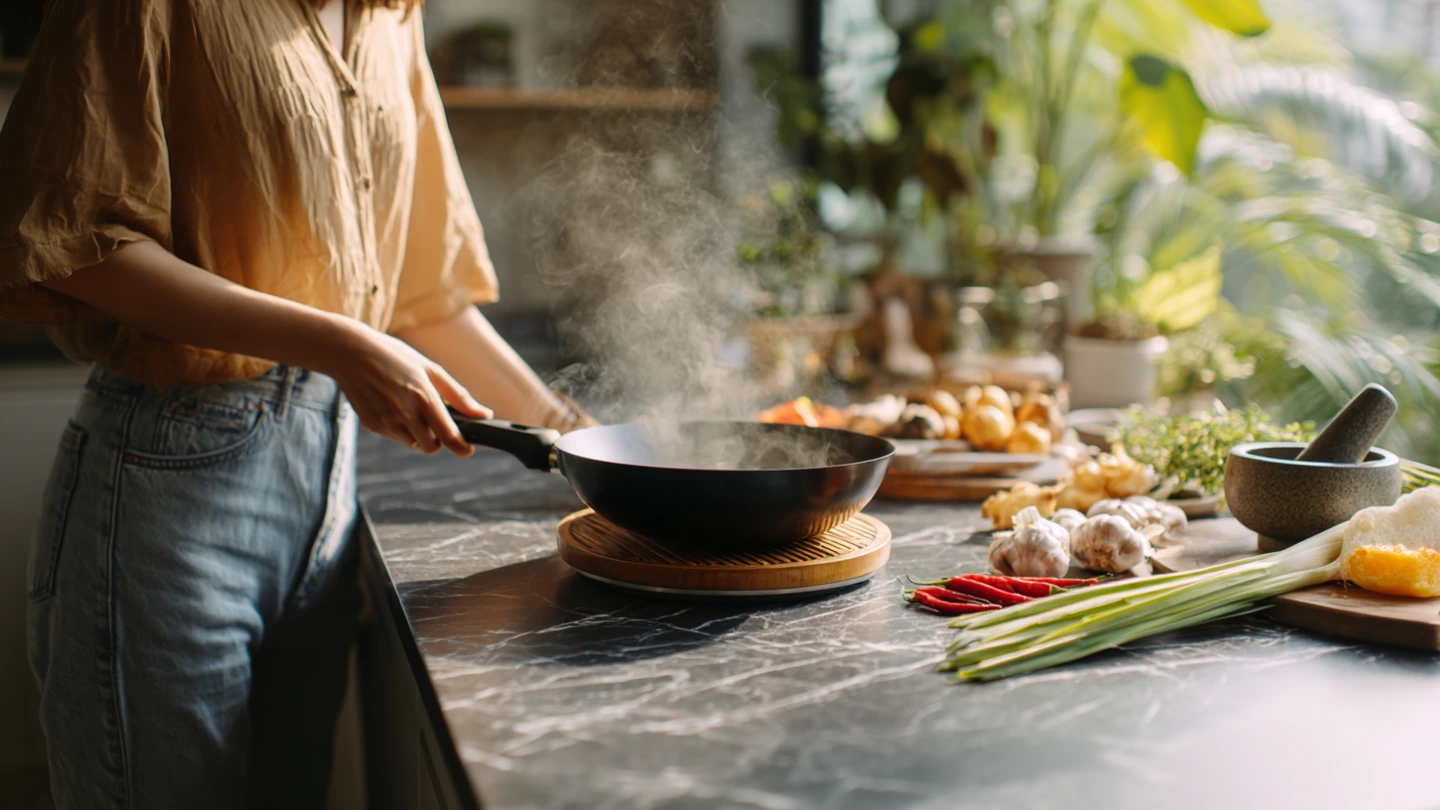 Malaysian home cook using a trivet to protect quartz countertop while preparing local cuisine with wok and traditional ingredients like turmeric and chillies Malaysian home cook using a trivet to protect quartz countertop while preparing local cuisine with wok and traditional ingredients like turmeric and chillies
