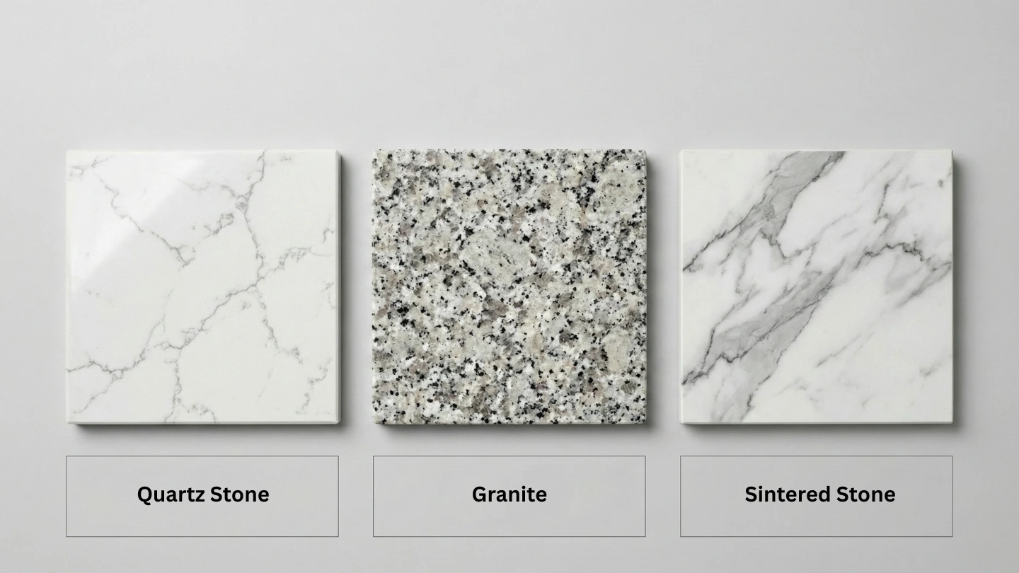 Side-by-side comparison of countertop material samples showing quartz stone, natural granite, and sintered stone highlighting differences in pattern and texture Side-by-side comparison of countertop material samples showing quartz stone, natural granite, and sintered stone highlighting differences in pattern and texture