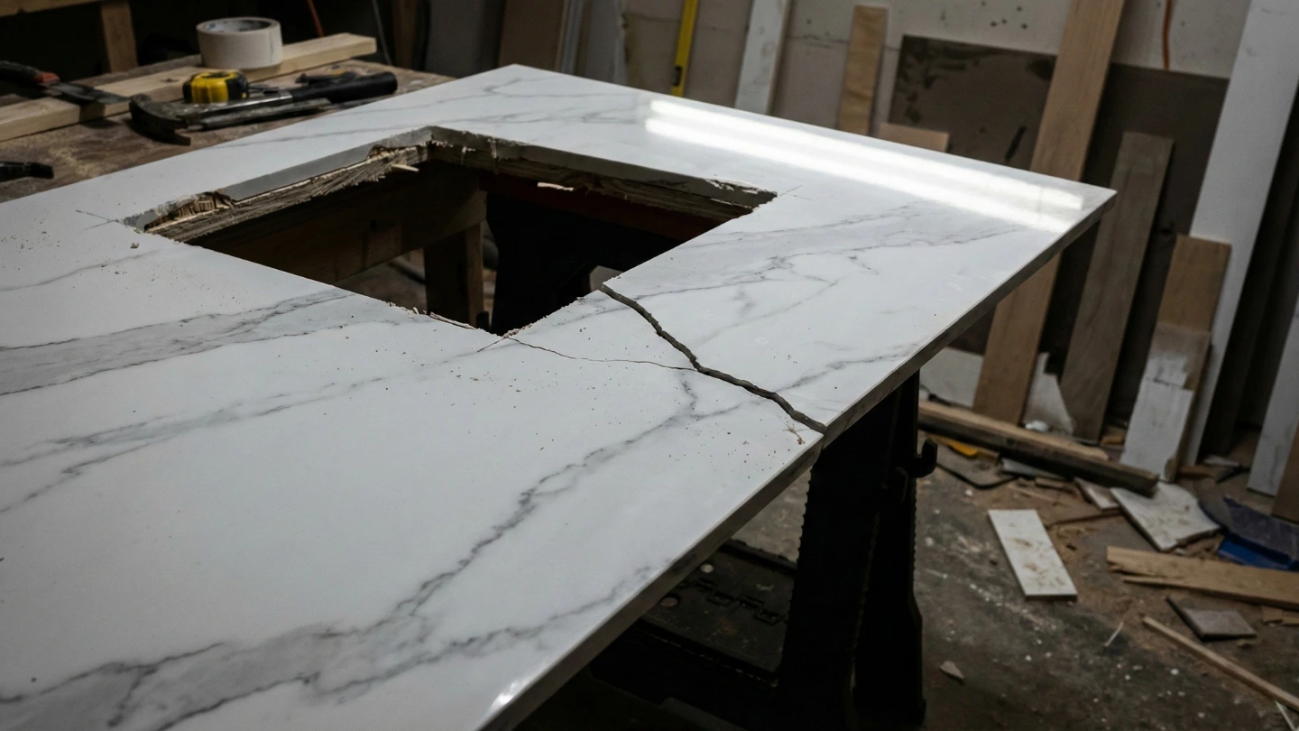 Porcelain countertop with a visible crack running from the sink cutout corner to the edge—a common result of on-site sink hole cutting