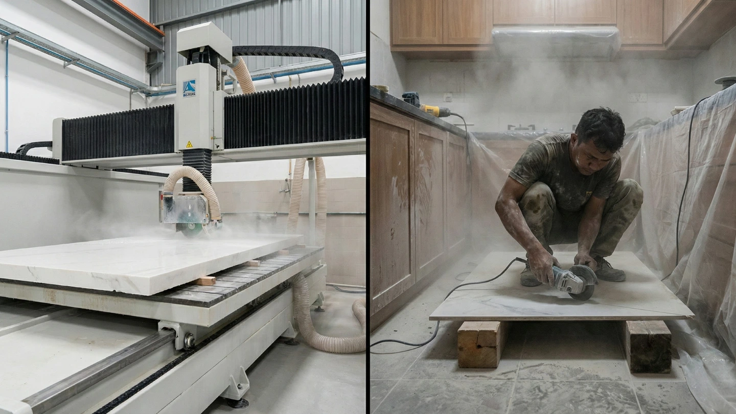 Comparison showing professional CNC machine cutting porcelain in a factory versus an installer attempting on-site cutting with handheld angle grinder