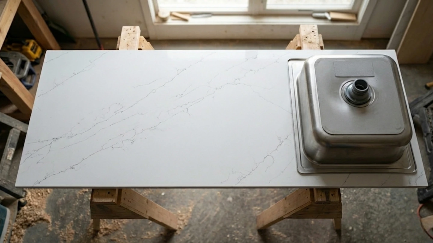 Close-up of a pre-fabricated porcelain countertop showing solid surface with no sink hole cutout—the cut China suppliers deliberately avoid