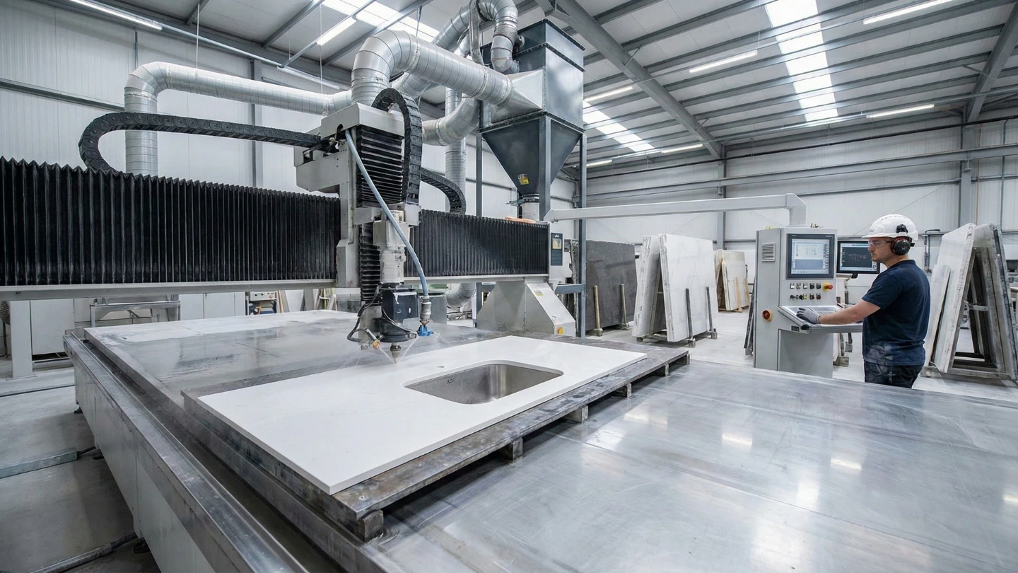 CNC machine precisely cutting a sink hole in a porcelain countertop at a professional fabrication factory with proper support and water cooling